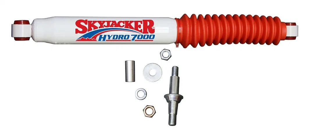 7009 – SKYJACKER Steering Stabilizer, Heavy Duty OEM Single White With Red Boot Mounts To OE Locations
